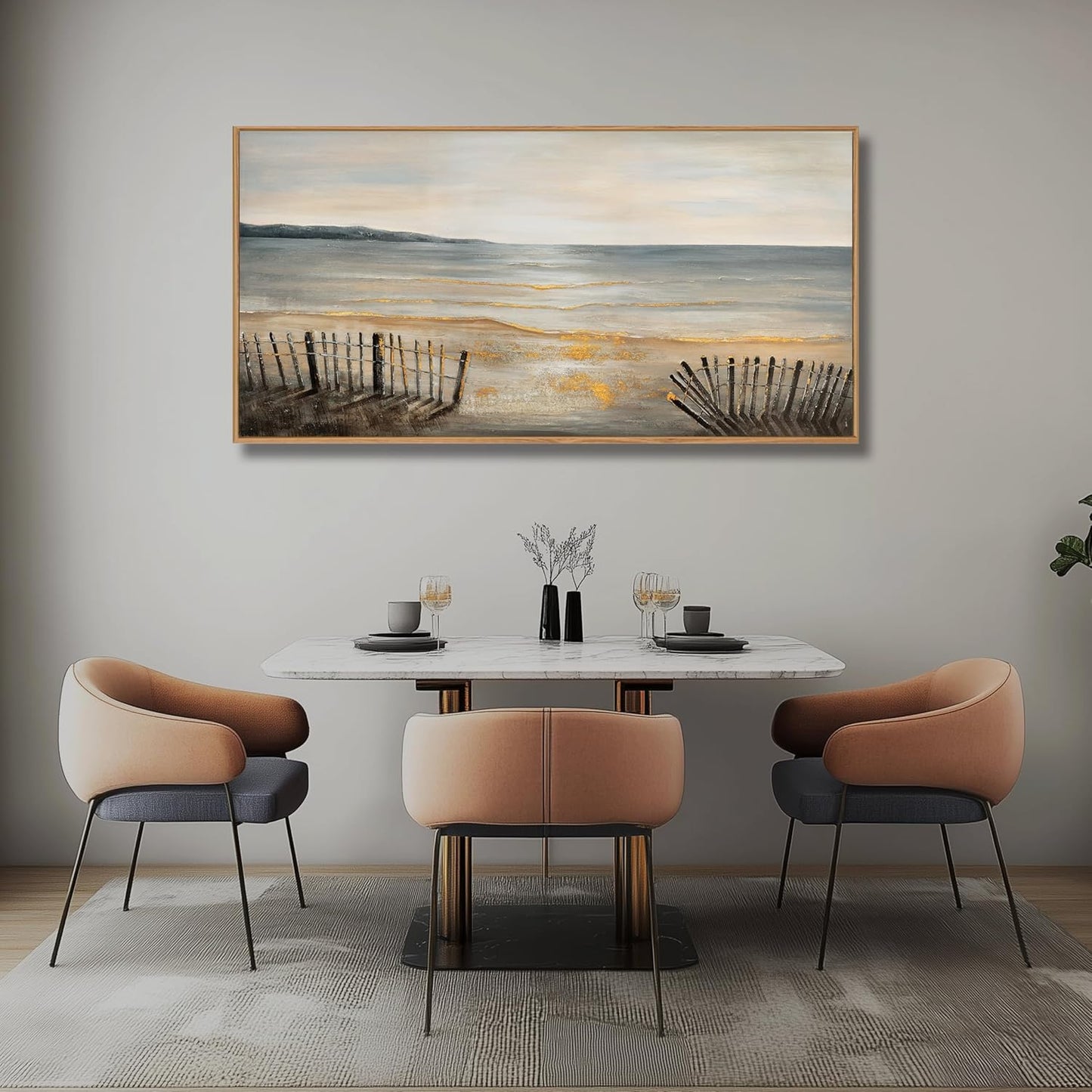 Yuaxker Large Ocean Wall Art Grey and Gold Wall Decor Framed Wall Hanging Wave Aesthetic Artwork for Living Room Bedroom Dining Room Office Home Decor 30x60 Inch