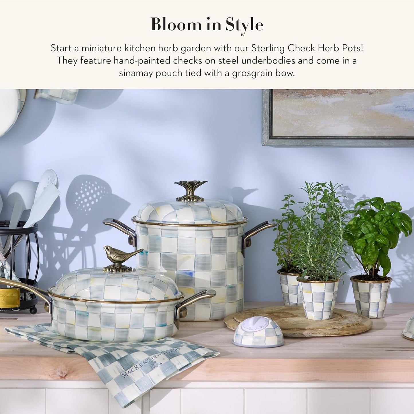 MACKENZIE-CHILDS Enamel Herb Pots, Small Plant Pots for Herbs or Flowers, Set of 3, Gray-and-White Sterling Check