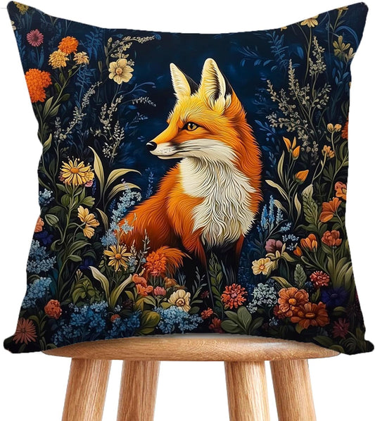 YOU FOUND ME William Morris Abstract Vintage Floral Velvet Fox Design Throw Pillow Covers Home Decor, Retro Art Deco Pillowcase Cushion Cover for Bed Sofa Living Room, Square 18x18inch (Orange-Fox)
