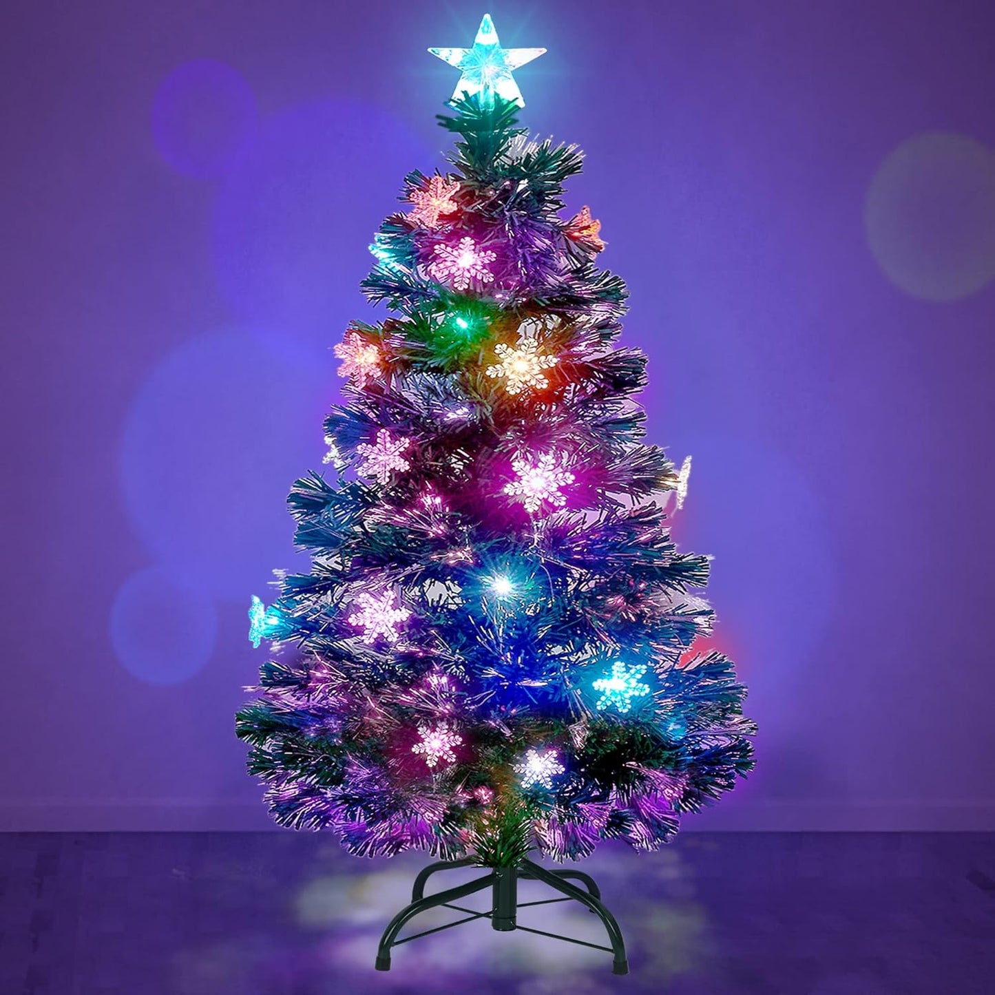 Prsildan 4 FT Artificial Christmas Tree, Pre-Lit Optical Fiber Xmas Trees with Multicolor LED Lights, Snowflakes & Top Star, Lighted Christmas Tree Holiday Home Decor