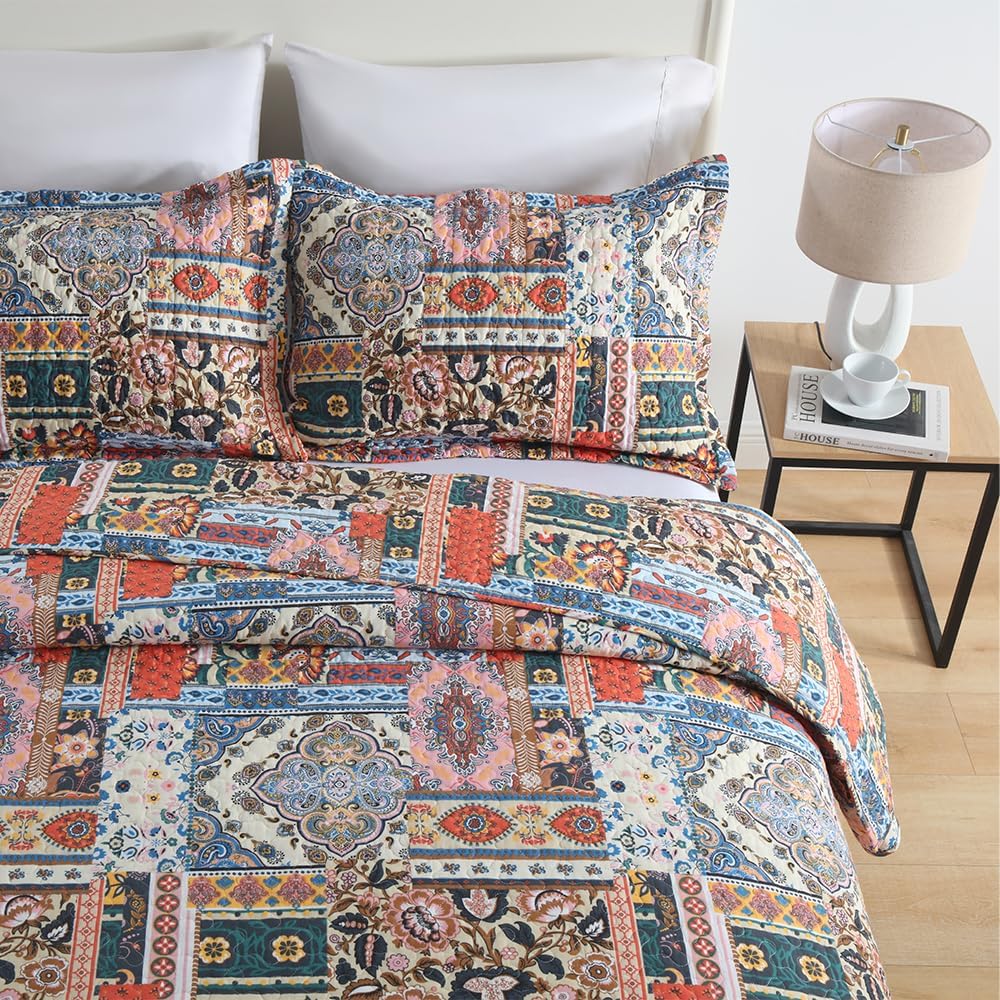 Cotton Bedspread Quilt Sets Reversible Coverlet Sets Comforters Vintage Bohemian Patchwork Bedspread Bedding Sets,Gorgeous Bohemian Floral,Queen Size