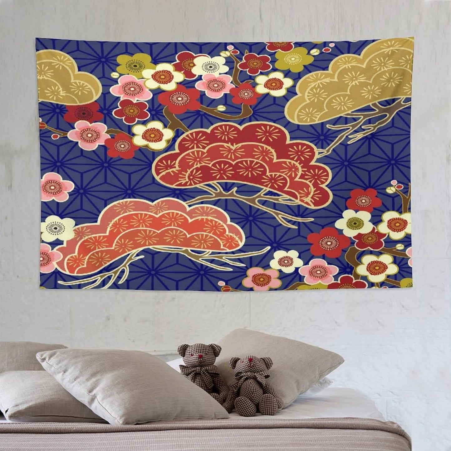 HZOHNAGO Japanese Tapestry Art Abstract Colorful Cherry Blossom Blue Background Pattern Printed Wall Tapestry Painting Wall Hanging for Bedroom Living Room Dorm 90" W x 60" H