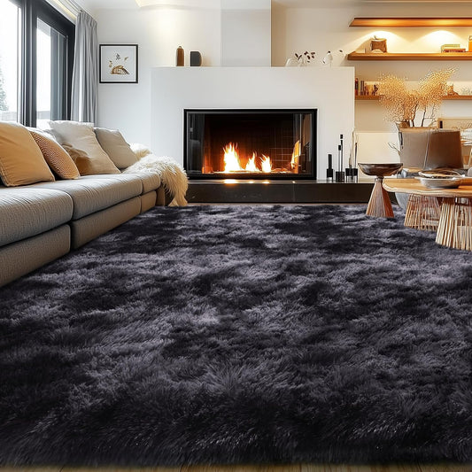 Rezutan Area Rugs 9x12 Living Room, Large Fluffy Rug for Bedroom, Soft Shag Shaggy Fuzzy Carpets for Boys and Girls Dorm Room Home Decor Aesthetic,Black Grey Tie-Dyed.