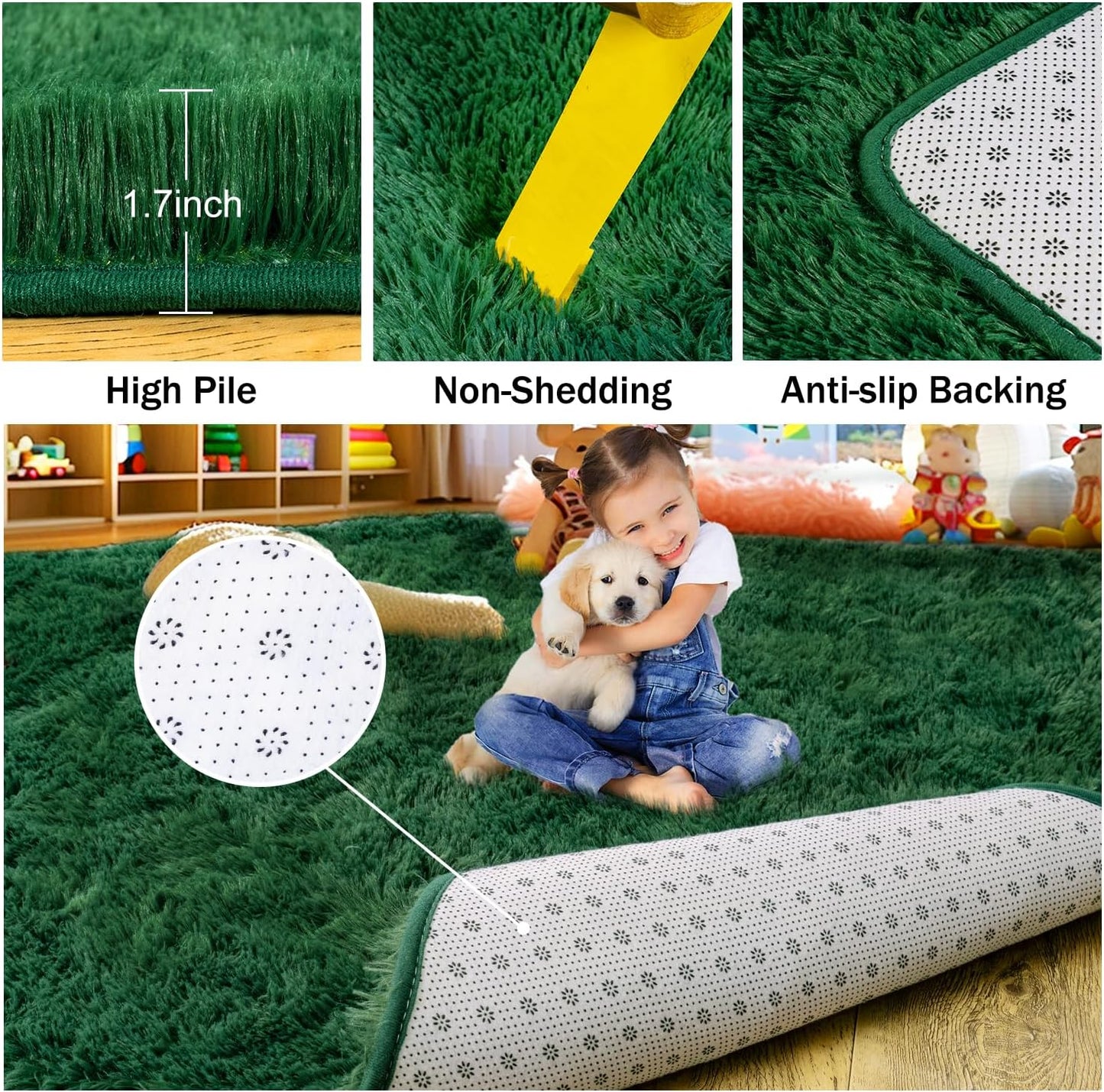 Rezutan Modern Shaggy Area Rug - Super Soft Fluffy Non-Slip Living Room Bedroom Rug for Kids Nursery, Classroom, Bedside Decor, Blackish Green, 4 X 6Feet