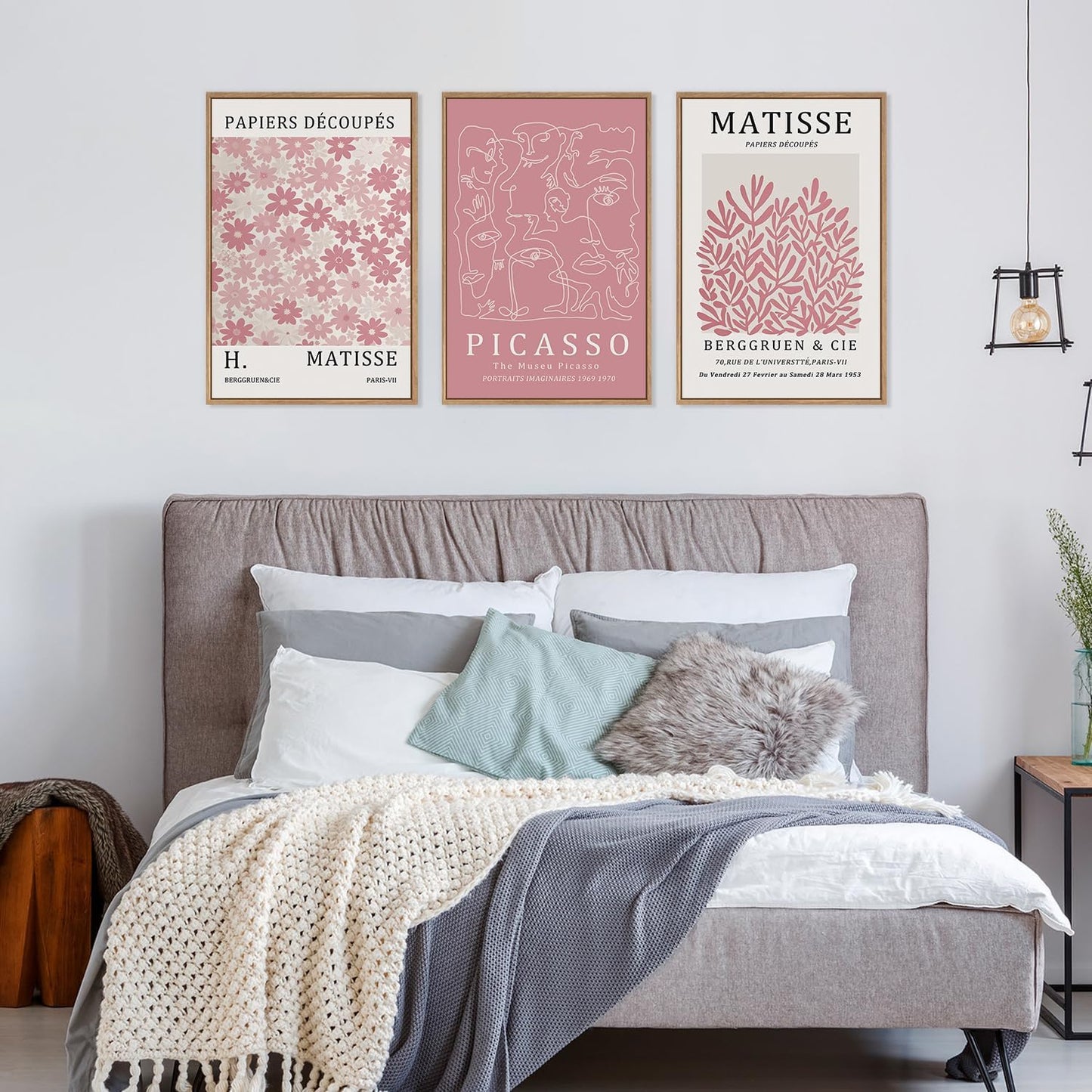 HLNIUC Matisse Pink Wall Art,Neutral Pink Flower Framed Canvas Wall Decor Set of 3(16”x24’) Modern Aesthetic Pictures Wall Painting,Abstract Flower Market Art Print for Living Room,Bedroom