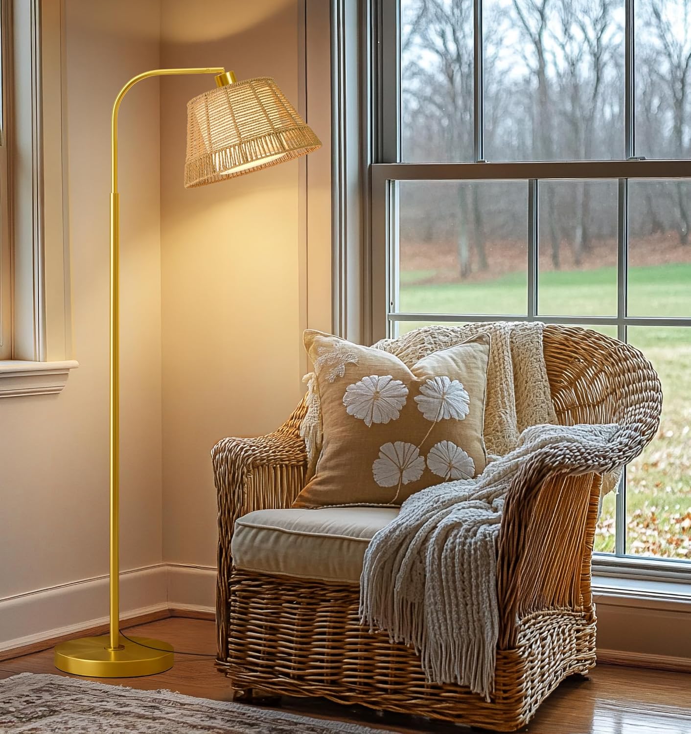 Oneach Arc Floor Lamp for Living Room,Rattan Boho Floor Lamp with Hand-Woven Wicker & Fabric Shade, Foot Switch,Gold Metal Base & Pole,Farmhouse Standing Lamp for Bedroom Corner,Office,Reading