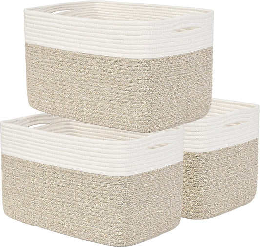 Shelf Baskets for Organizing, Woven Storage Basket for Shelves, Cotton Rope Storage Bins for Toys Books, Nursery Towel Baskets for Classroom, 14.96"X9.8"X8.85", 3-Pack White/Brown