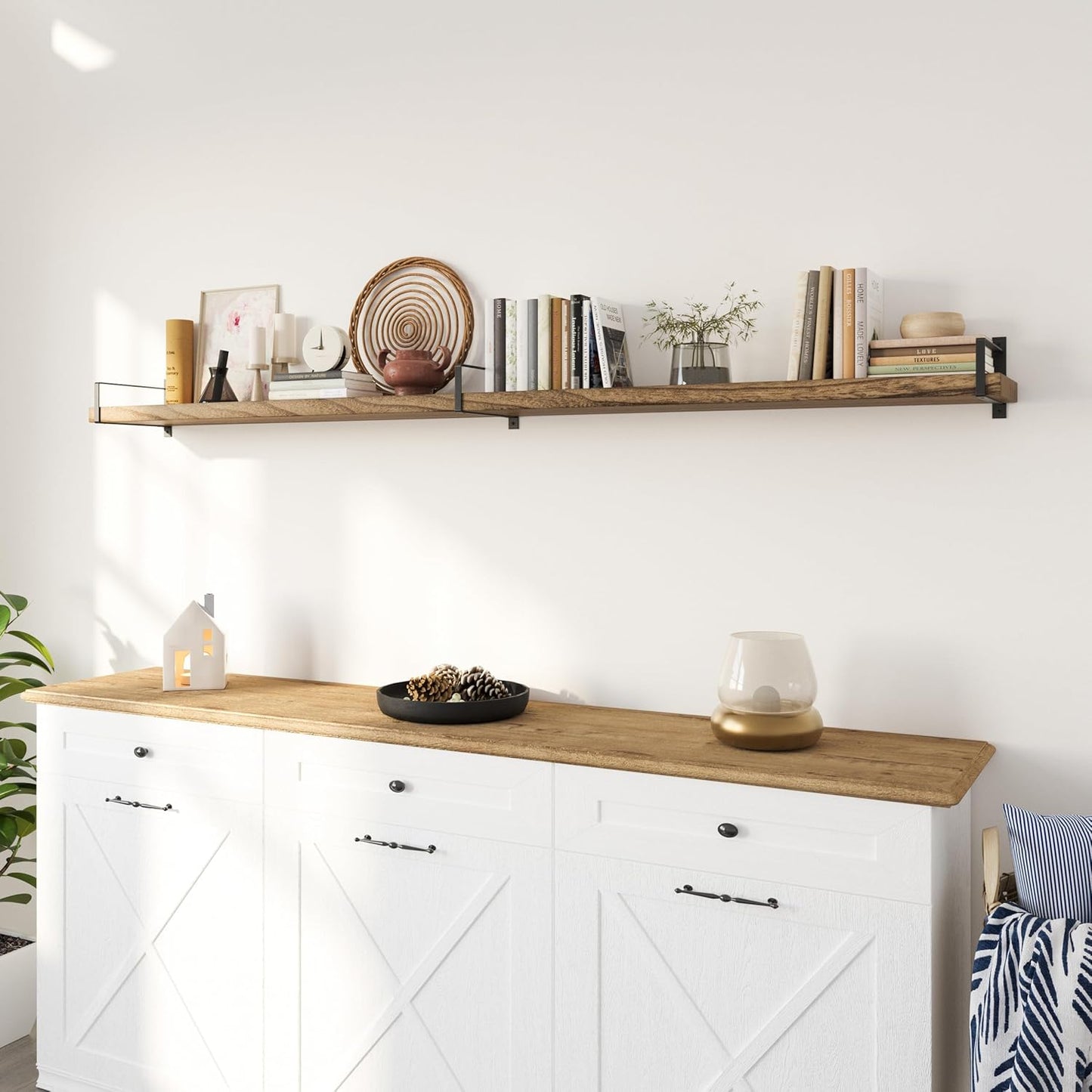 Wallniture Toledo 84 inch Floating Shelf with Heavy Duty Bookend Brackets, Wooden Shelves for Wall, 1pc, Burnt Finish