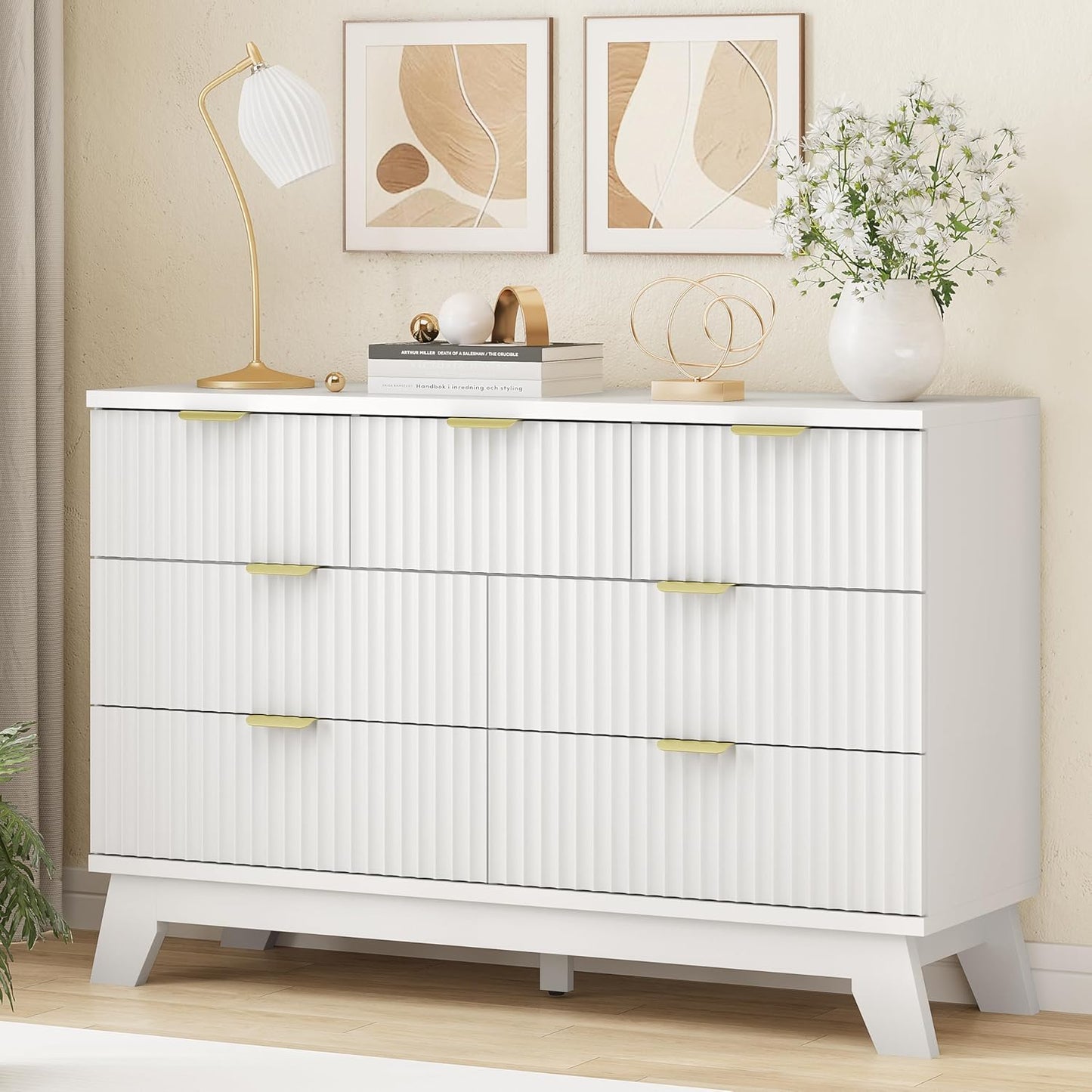 Fluted Dresser for Bedroom with 7 Drawers, 48" Wide Modern Chest of Drawers with Metal Handle, Wooden Dresser TV Stand, Wood Closet Clothes Storage Organizer for Living Room, Hallway, White