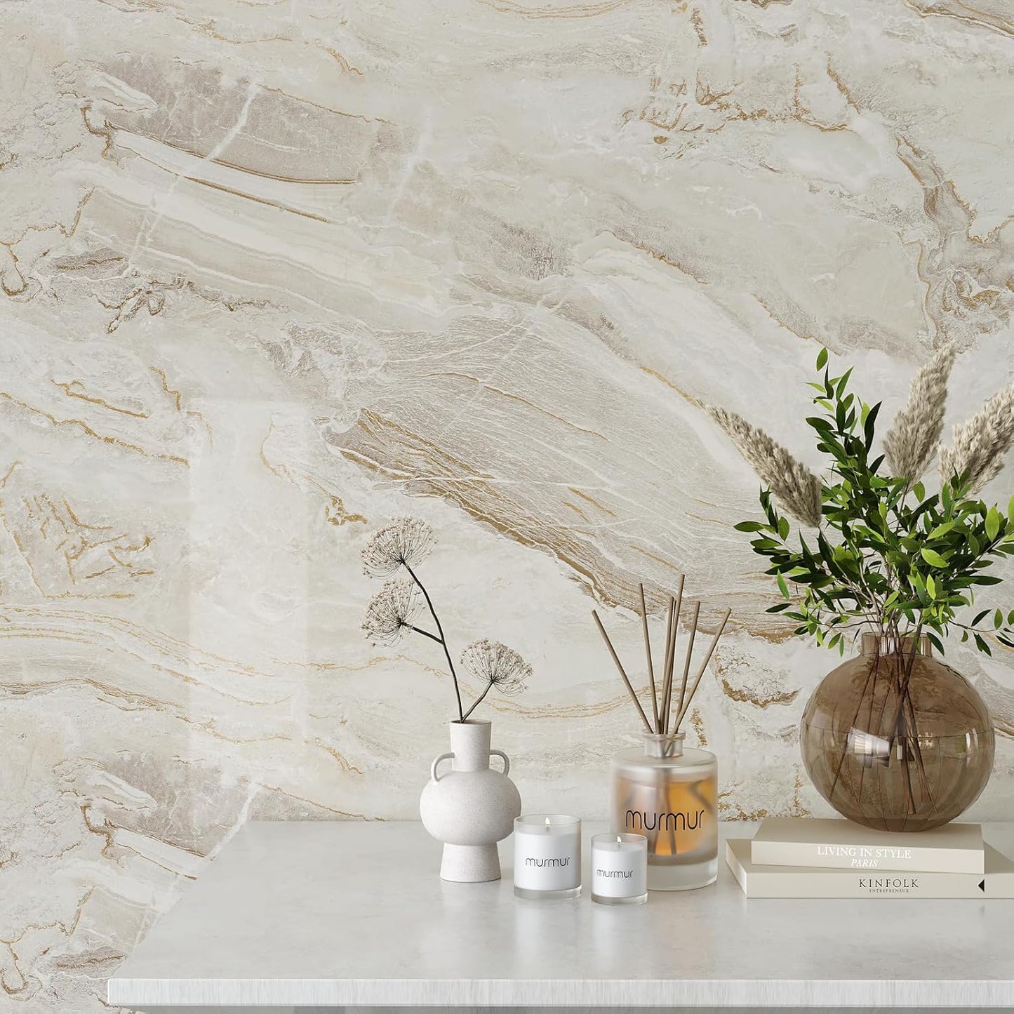 VEELIKE Glossy Beige Gold Marble Contact Paper for Countertops Waterproof Peel and Stick Countertop Contact Paper 24''x354'' Self Adhesive Vinyl Marble Wallpaper for Bathroom Kitchen Counter Top Cover