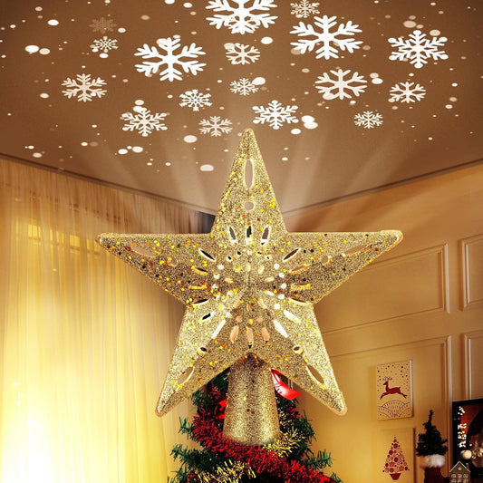 Christmas Star Tree Topper with Built-in Led Snowflake Projector Lights Hollowed Pentagram Tree Topper,Plug in Christmas Tree Ornament for Indoor Office Xmas New Year Holiday Tree Decoration