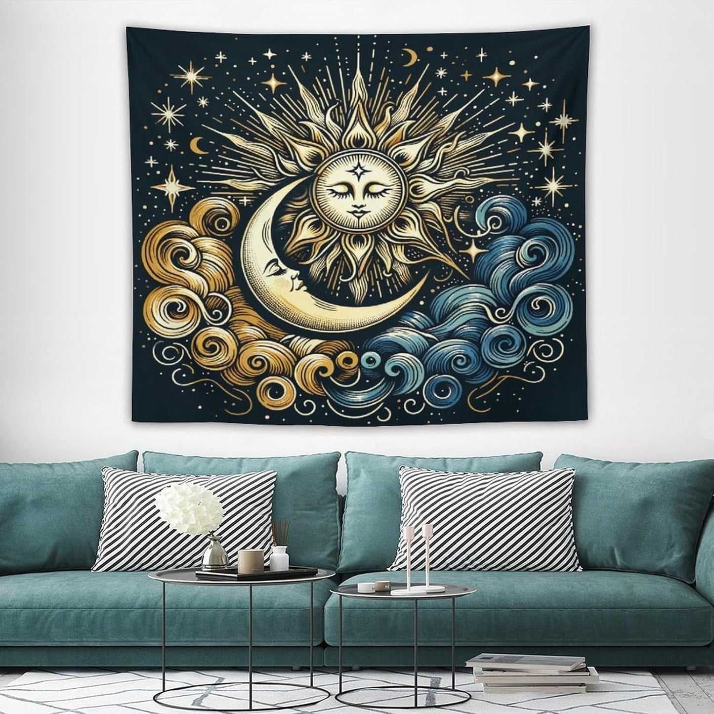 HZOHNAGO Sun Moon Tapestry Boho Golden Stars Pattern Printed Wall Tapestry Wall Hanging for Bedroom Living Room Dorm 60" W x 50" H