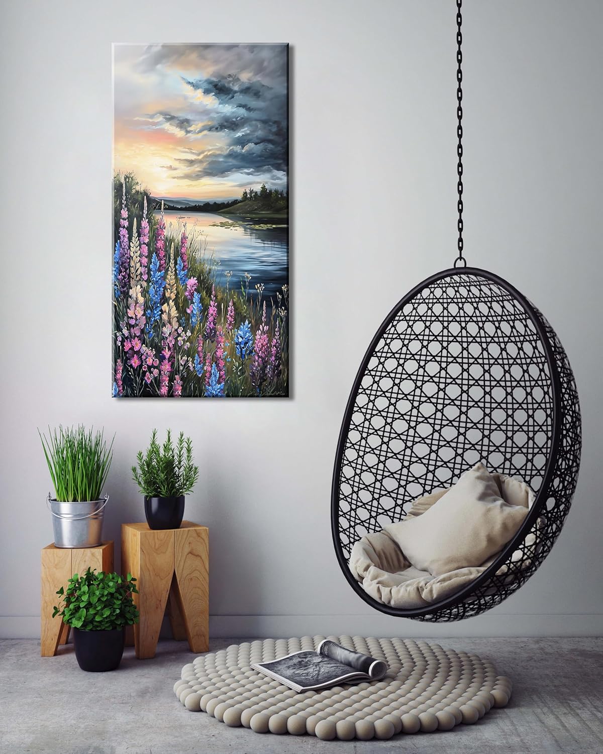 LASMOND Beautiful Colorful Grassland by Riverbank Landscape Wall Art Decor Artwork for Bedroom (24x48 Inches)