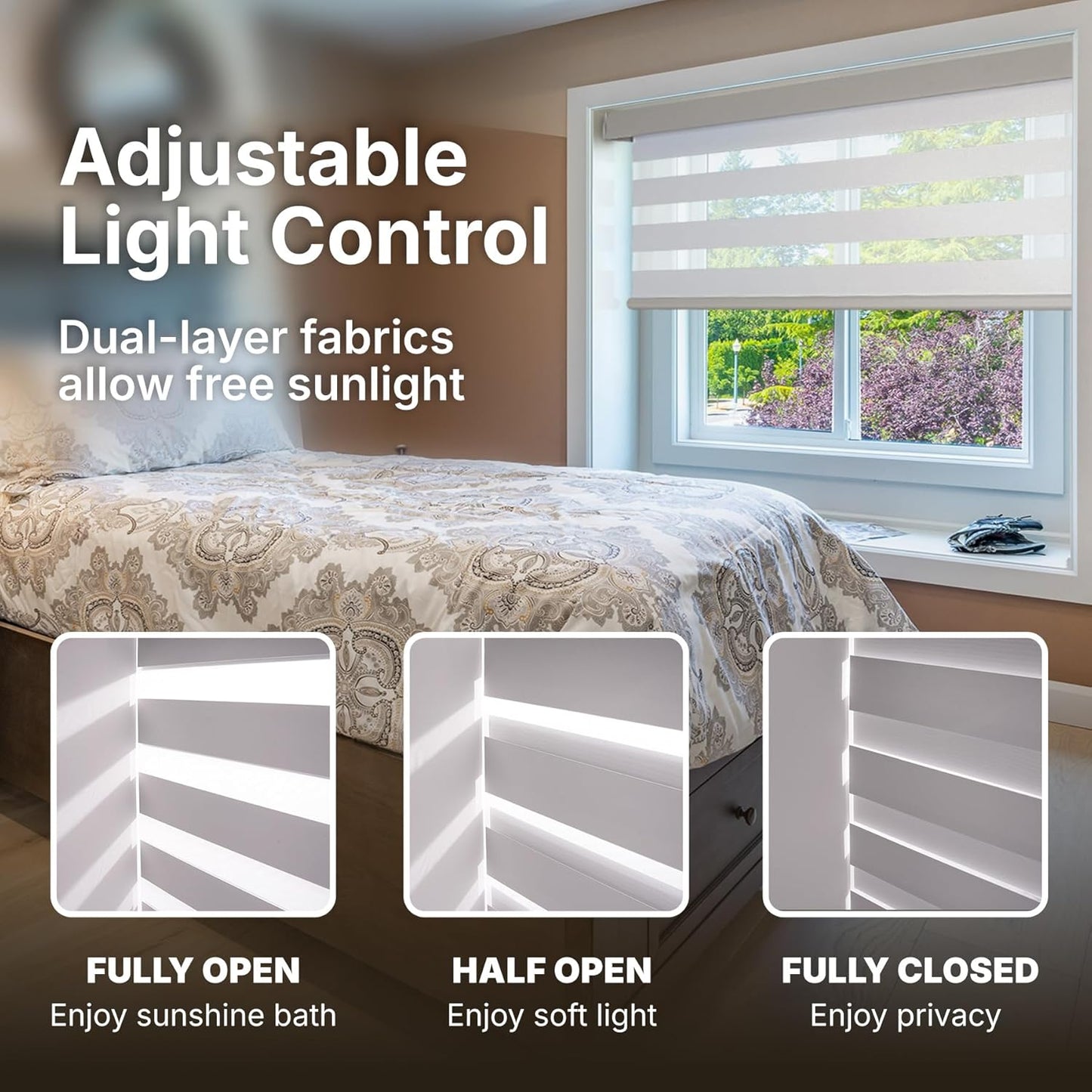 HESTIA Cordless Zebra Blinds Light Filtering Roller Shades UV Blocking Blackout Privacy Indoor Window Shades for Home Office Day and Night, Beige,44" W x 60" H