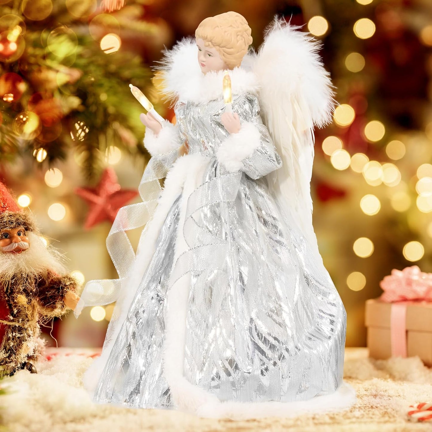 GENMOUS Angel Christmas Tree Topper, 12Inch Silver Angel Treetop, Angel Figurine Christmas Tree Top, Christmas Tree Decorations for Home