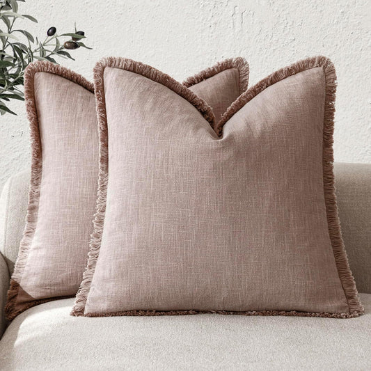 Foindtower Set of 2 Decorative Linen Fringe Throw Pillow Covers Boho Farmhouse Cushion Cover with Tassels Soft Accent Pillowcase for Couch Sofa Bed Living Room Home Decor,20×20 Inch,Dusty Pink