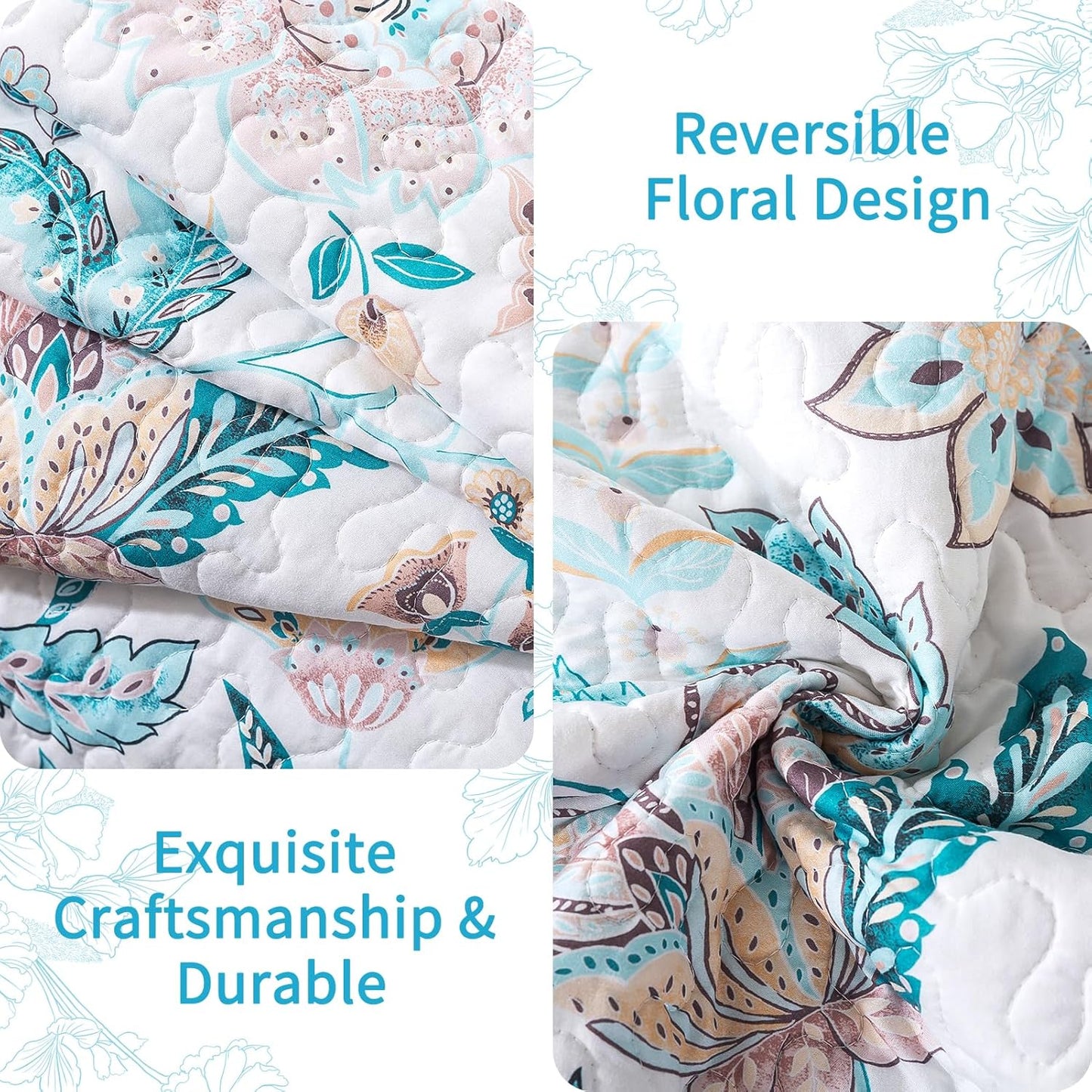 VAPUTAR Garden Queen Size Bedspread for Adults - Floral Quilt Queen Size Bedding Set (90 x 98 inch) with 2 Pillow Shams - Lightweight Reversible Coverlet Quilt for Bedroom, 3 Pieces