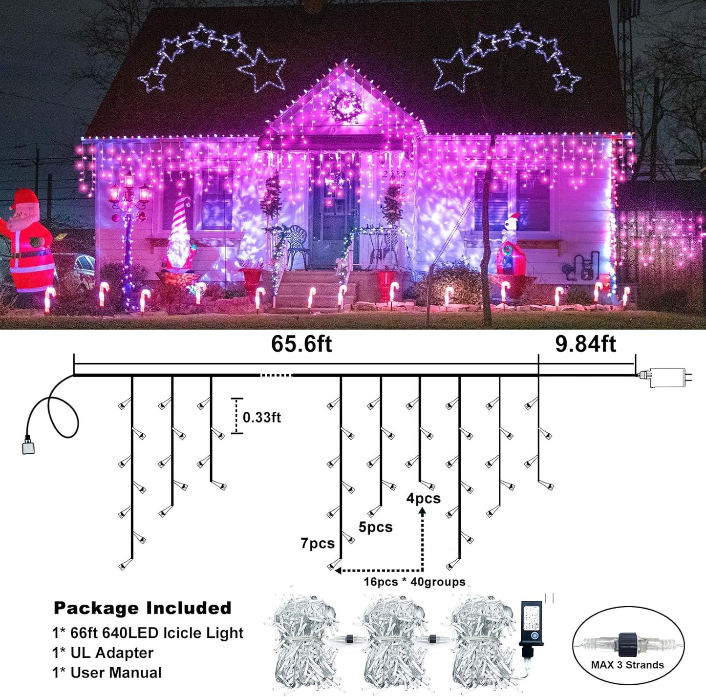 Icicle Christmas Lights Outdoor, 66FT 640 LED Icicle Lights for Outside with 8 Modes Timers, Waterproof Plug in Twinkle String Light for House Yard Eave Garden Party Holiday Decorations, Pink