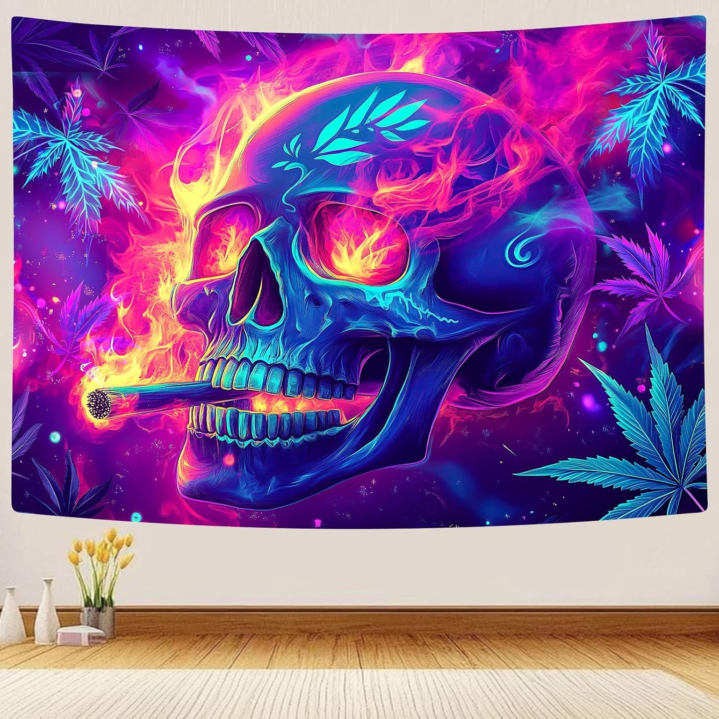 Blacklight Skeleton Tapestry, Glowing Skull UV Reactive Gothic Wall Hanging Tapestries, Glow in the Dark Grim Reaper Magic Horror Face Halloween Poster Tapestry for Bedroom Living Room Decor 40X30IN