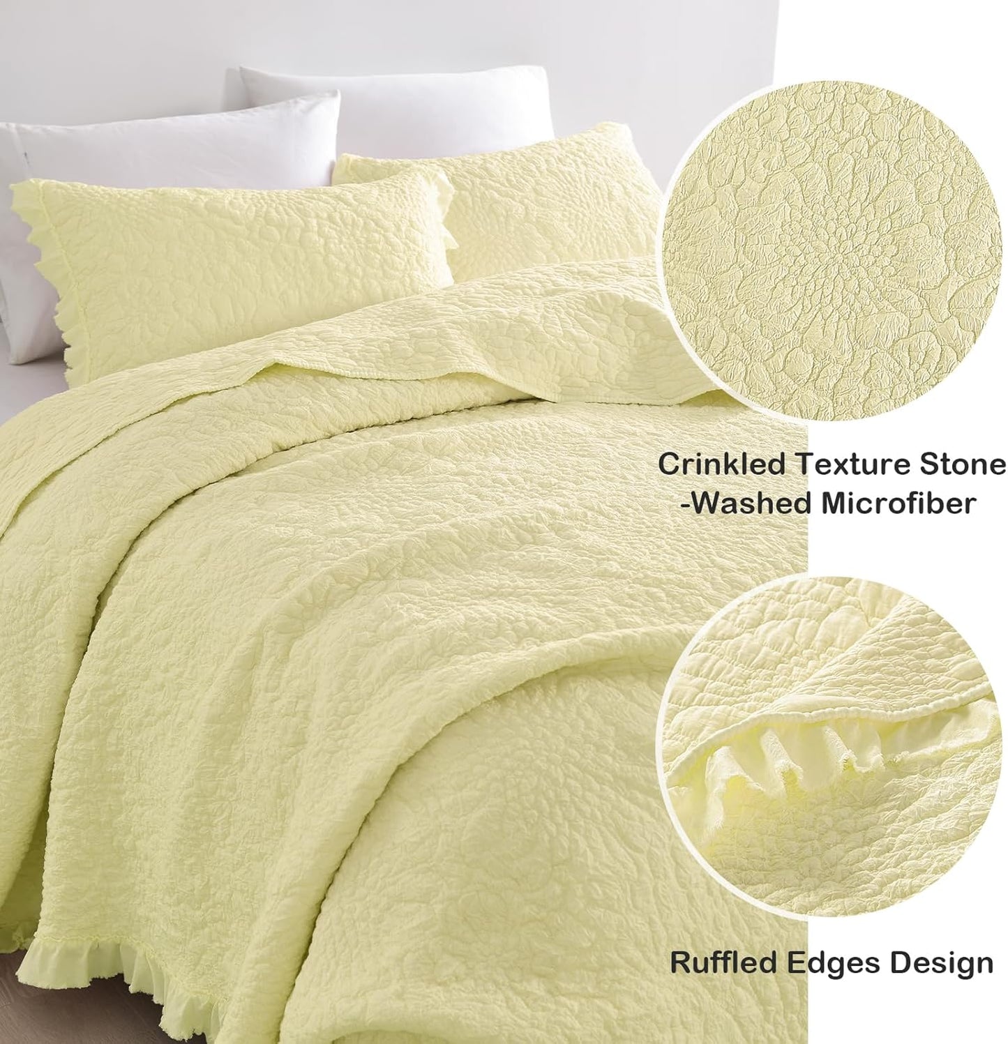 Light Yellow Ruffled Quilt King Size, Stone-Washed Microfiber Lightweight Crinkled Farmhouse Rustic Shabby Chic Bedding Set, 3 Pieces Reversible Bedspread Coverlet with Pillow Shams for All Season