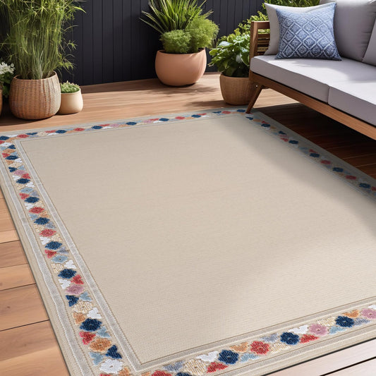 Beverly Rug Outdoor Rug 9x12 Modern Bordered Large Area Rugs for Indoor and Outdoor Patio Easy to Clean Non Shedding Living Room Porch Garden Washable Outside Carpet (9 x 12 Beige)