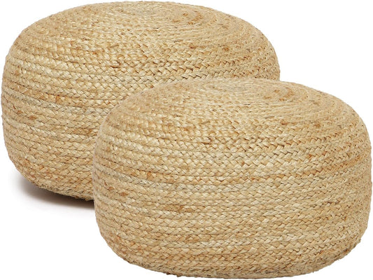 REDEARTH · Jute Circular Low Pouf Ottoman - Braided Pouffe Accent Sitting Round Footrest for Living Room, Bedroom, Nursery, kidsroom, Patio, Gym; 100% Jute Set of 2 (18"x18"x10"; Natural)