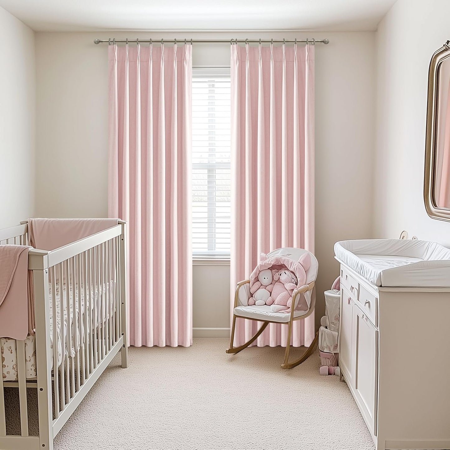 Baby Pink Modern Pinch Pleated Curtains & Drapes 84 Inch Length 2 Panels Set for Living Room, Blackout Thick Linen Blend Thermal Privacy Baby Girls Room Window Curtain with Hooks Ring 40"x84"