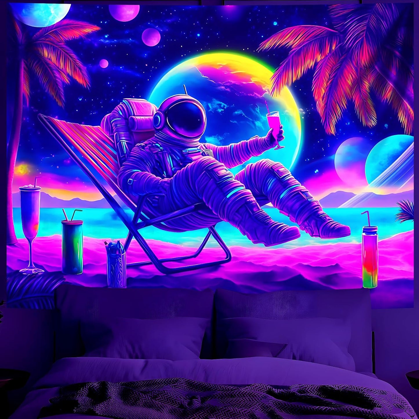 BVBOX Astronaut Space Blacklight Tapestry 79"x59", UV Reactive Astronaut Beach Lounge Chair Vacation Universe Planet Glow in Dark Tapestries, Black Light Neon Upright Poster Wall Hanging Backdrop Decor for Bedroom Living Room