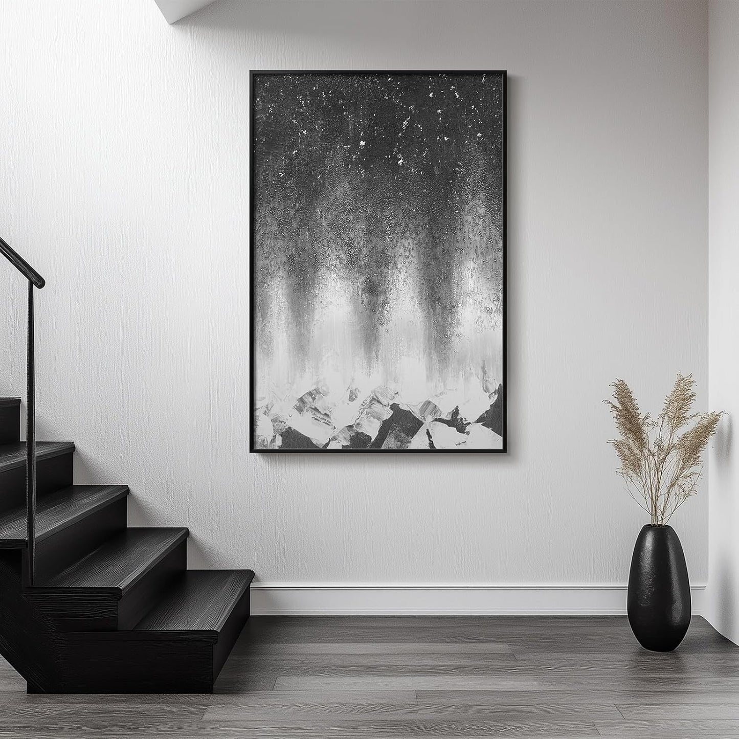 Framed Black and White Abstract Wall Art, Modern Large Canvas Paintings Artwork for Walls, Minimalist Abstract Starry Night Art Prints Pictures for Living Room Hallway Bedroom Office Bathroom Wall Decor 24x36 Inch