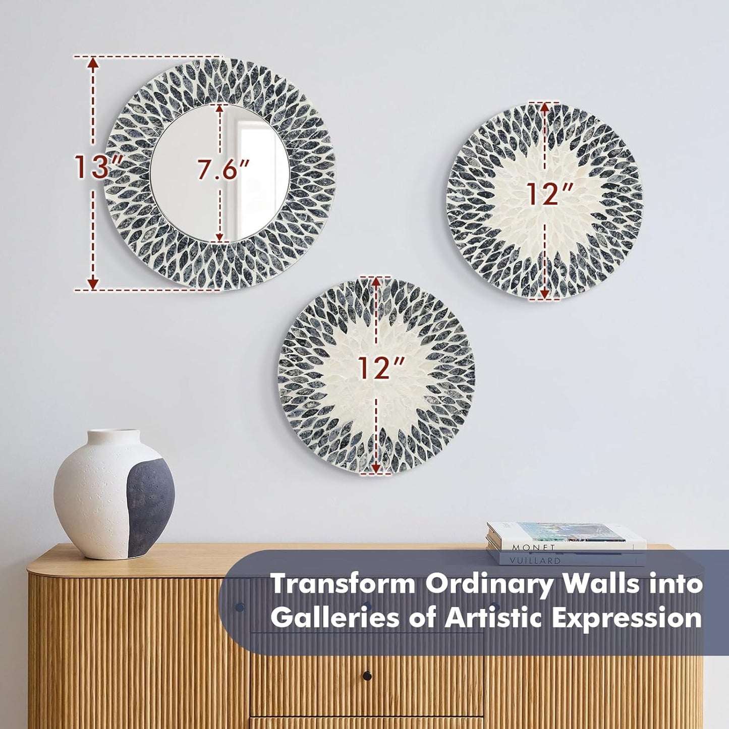 Natural Mother of Pearl Mirror Wall Decor for Bedroom Bathroom, 3PCS Geometric Wall Art Modern Home Office, Handmade Mosaic Art Circle Sculptures for Kitchen Living Dining Room (Black White)