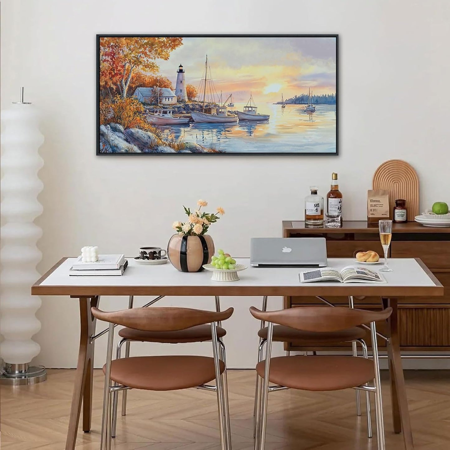 QZQCBLC Sunset Landscape Wall Art, Sea Harbor Lighthouse Ink Paintings Framed Artwork Homeward-bound Boat Soft Tone Wall Pictures for Living room Bedroom Bathroom Home Office Decor 20x40 IN