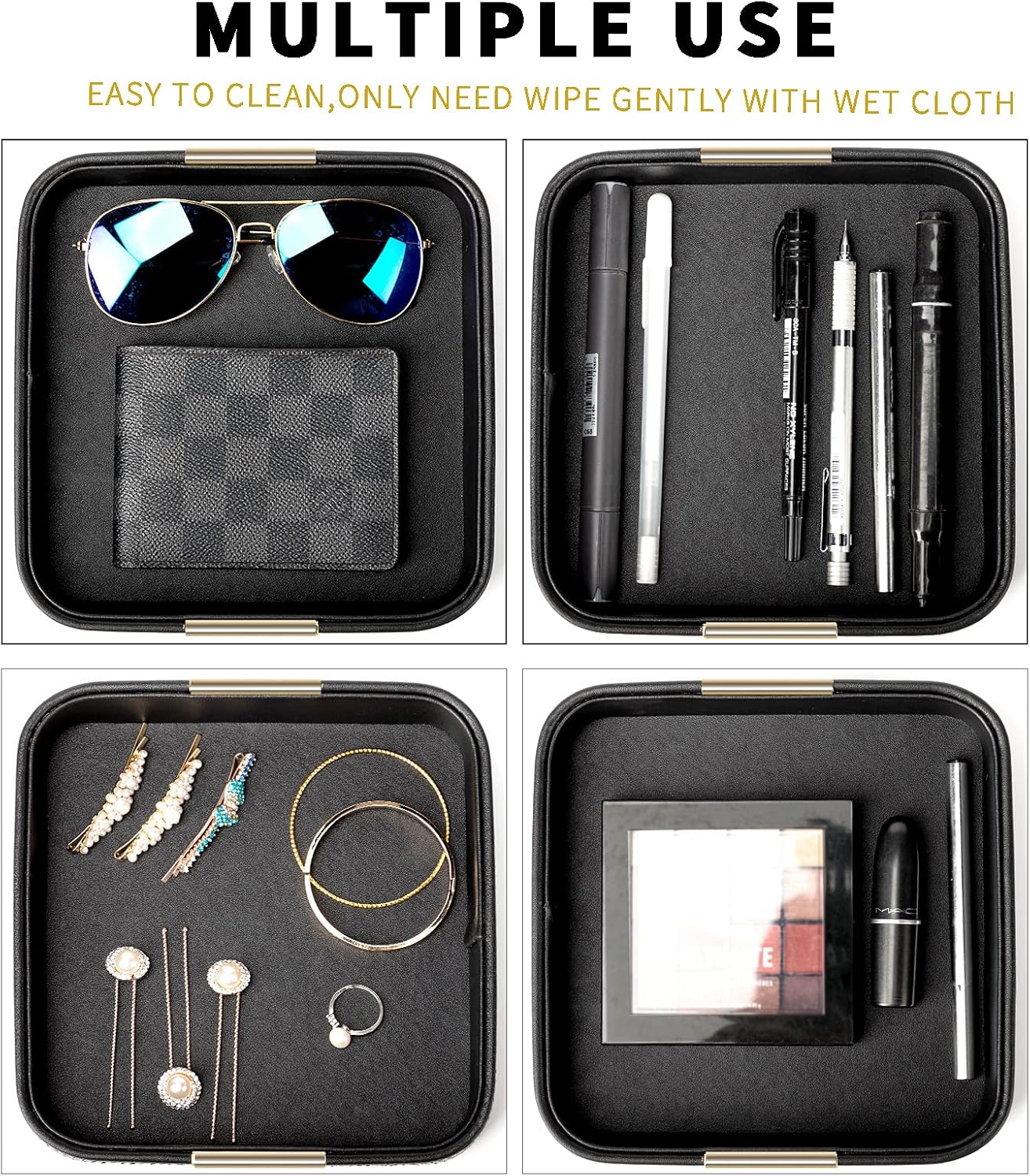 SANZIE Luxury Leather Desktop Storage Small Catchall Organizer Decorative Tray for Entryway Table to Hold Jewelry Watch Cosmetics Keys Phone Wallet, Home & Office Accessories (Metal Glided, Black)