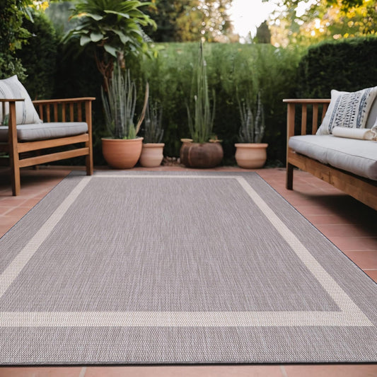 Bordered Outdoor Rug 9x12 Washable Outside Carpet for Indoor Patio Porch Waterproof Easy Cleaning Non Shedding Area Rugs Gray 9 x 12