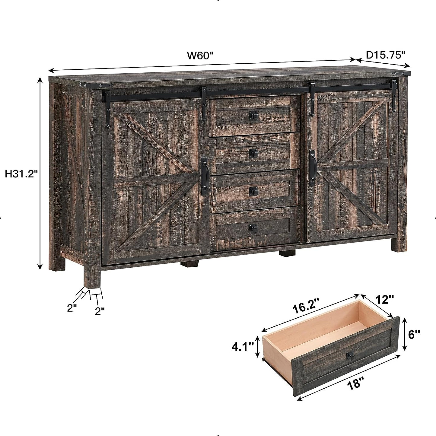 T4TREAM 60'' Farmhouse Dresser Chests for Bedroom w/4 Drawers & Sliding Barn Doors, Wide Dresser TV Stand, Tall Chest of Drawers, Rustic Dresser Organizer for Bedroom, Living Room, Dark Rustic Oak