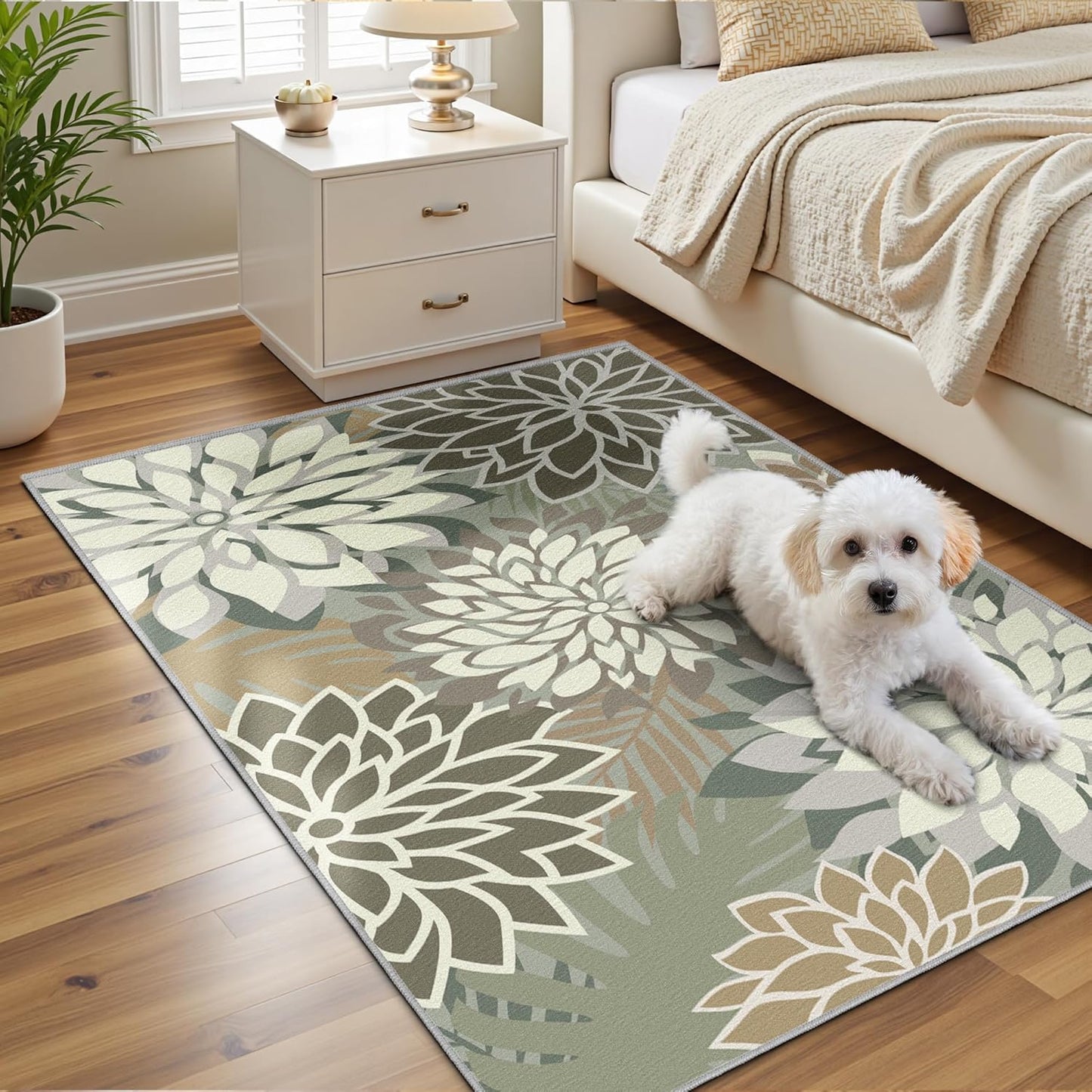 Area Rug 3x5 Brown White Washable Entry Rug Multicolored Tropical Botanical Modern Floral Indoor Kitchen Door Mat Entrance Carpet Non Slip for Bedroom Living Room, Porch