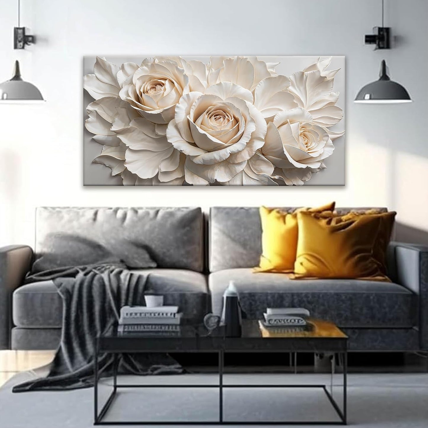 QSQ Wall Art For Living Room White Flower Wall Art Modern Canvas Art Wall Decor Home Wall Decor Suitable Flower Pictures For Bedroom Apartment Office Decoration Can Be Hung 24" X 48"