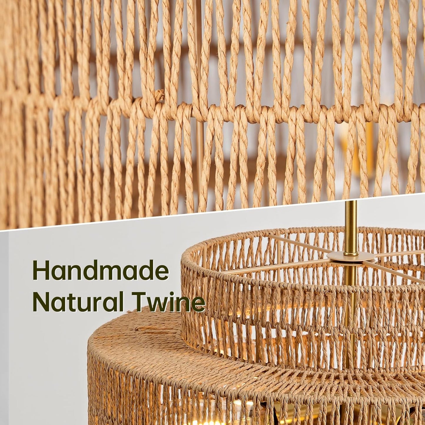 4-Light Boho Rattan Chandelier Light Fixture, 17.7” Hand Woven Rustic Chandeliers Farmhouse Chandelier Hanging Light for Dining Room Kitchen Island, Living Room, Foyer