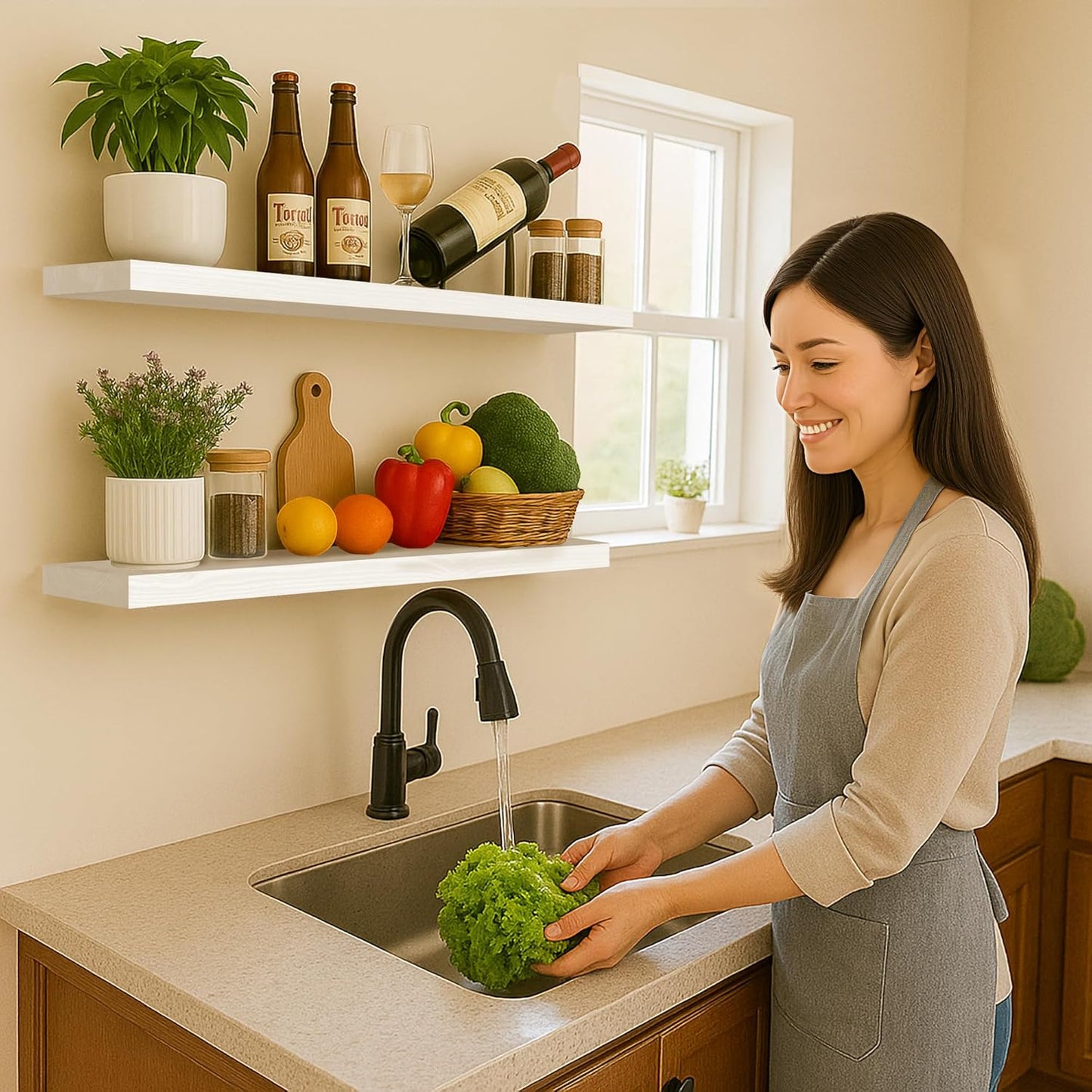 BGMG Floating Shelves for Wall 48 inch Long,Rustic Solid Wooden Deep Wall Shelves for Bathroom Living Room Bedroom Kitchen Farmhouse Set of 2-48x6.7x1.25 inch- White