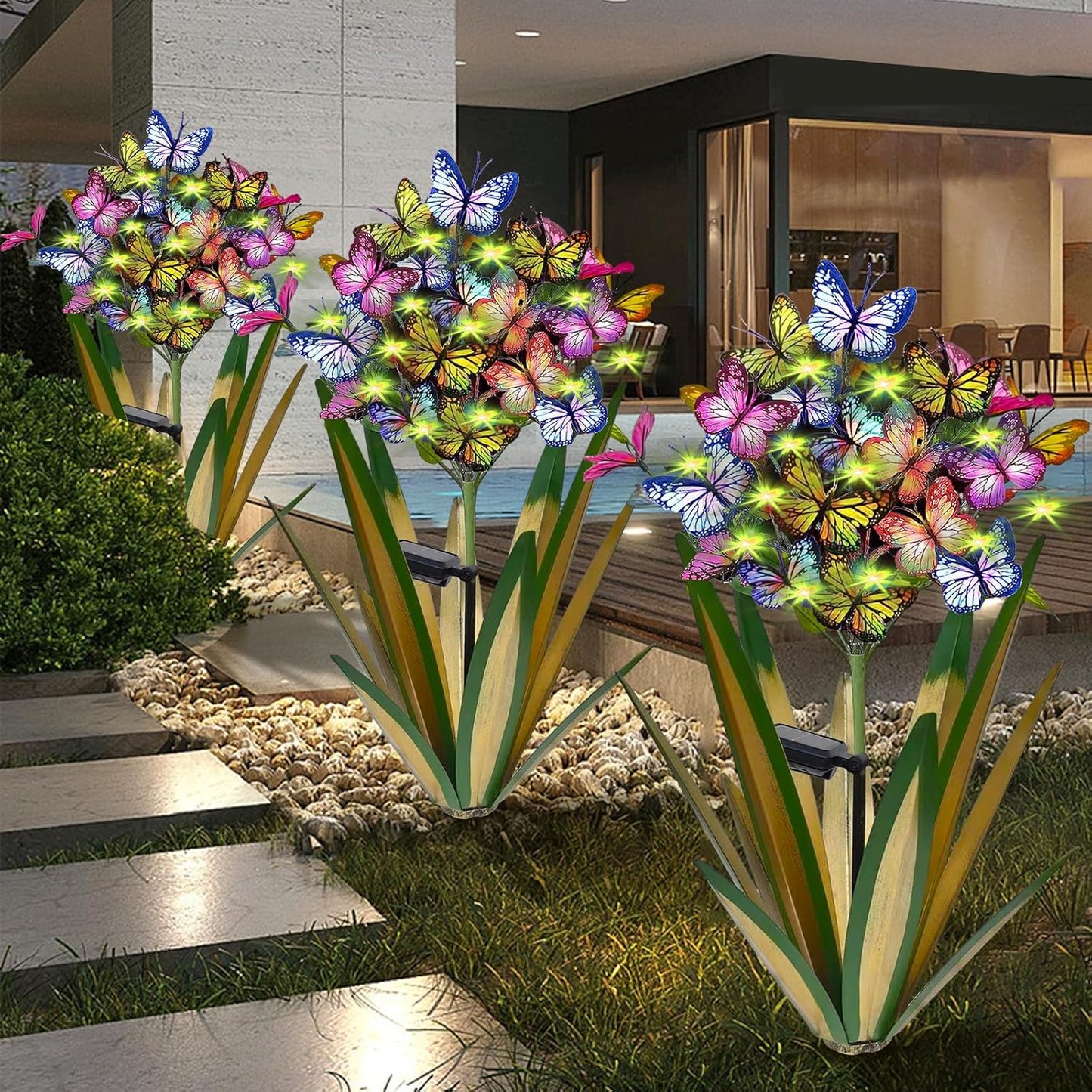 Solar Metal Agave Butterfly Flower Stick Garden Sculpture - Outdoor Gift, Christmas Lights, Swaying Butterfly, Sunflower - Solar Outdoor Statues (3 PCS Light Green)