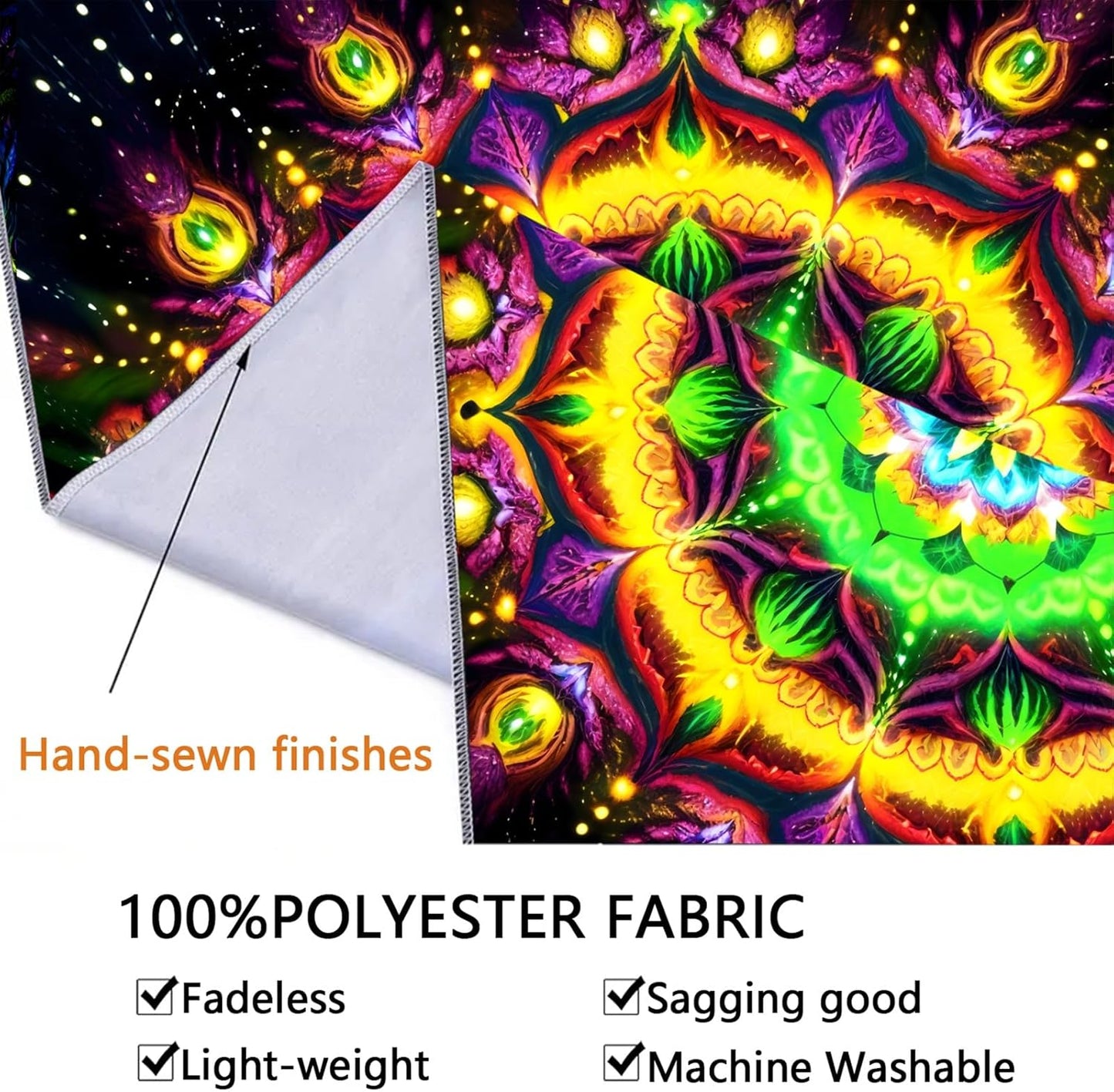 Blacklight Mandala Tapestry for Bedroom, Psychedelic Flower Black Light Posters for Adults and Teens, UV Reactive Aesthetic Bohemian Art Wall Hanging Decor Golden and Green (80 x 60 Inches)