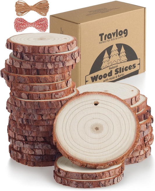 Unfinished Wood Slices with Hole, Natural Wood Circles Blank with Bark for DIY Crafts, Home Decor, Christmas Ornaments (30Pcs, 2.8-3.1 Inch)