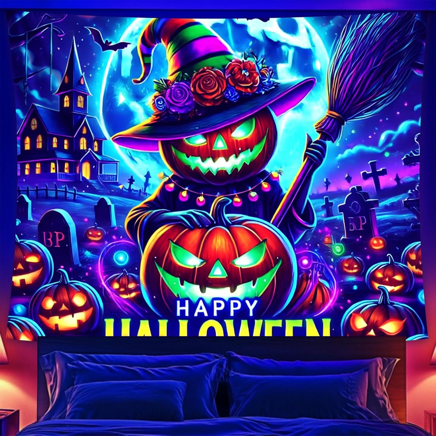 Halloween Tapestry, Blacklight Tapestry for Halloween Party Decor Hanging Tapestries Backdrop Wall Art Poster for Bedroom Dorm 90x70in