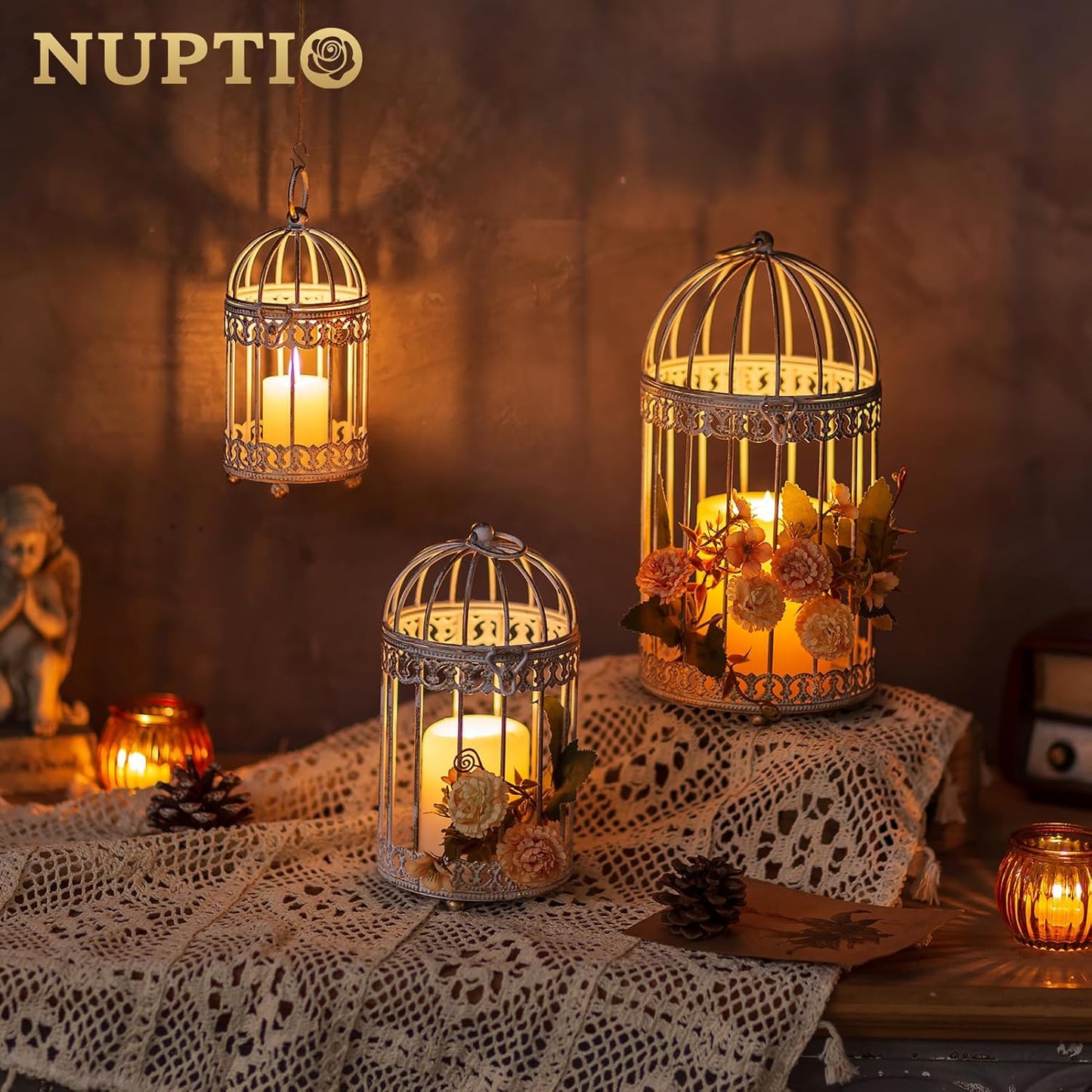 NUPTIO Candle Holders for Pillar Candles: 2 Set of 7.7 inch H Antique White Bird Cages Lantern Wedding Centerpiece Small Metal Hanging Pillars Holder for Bridal Shower Party Table Decorations