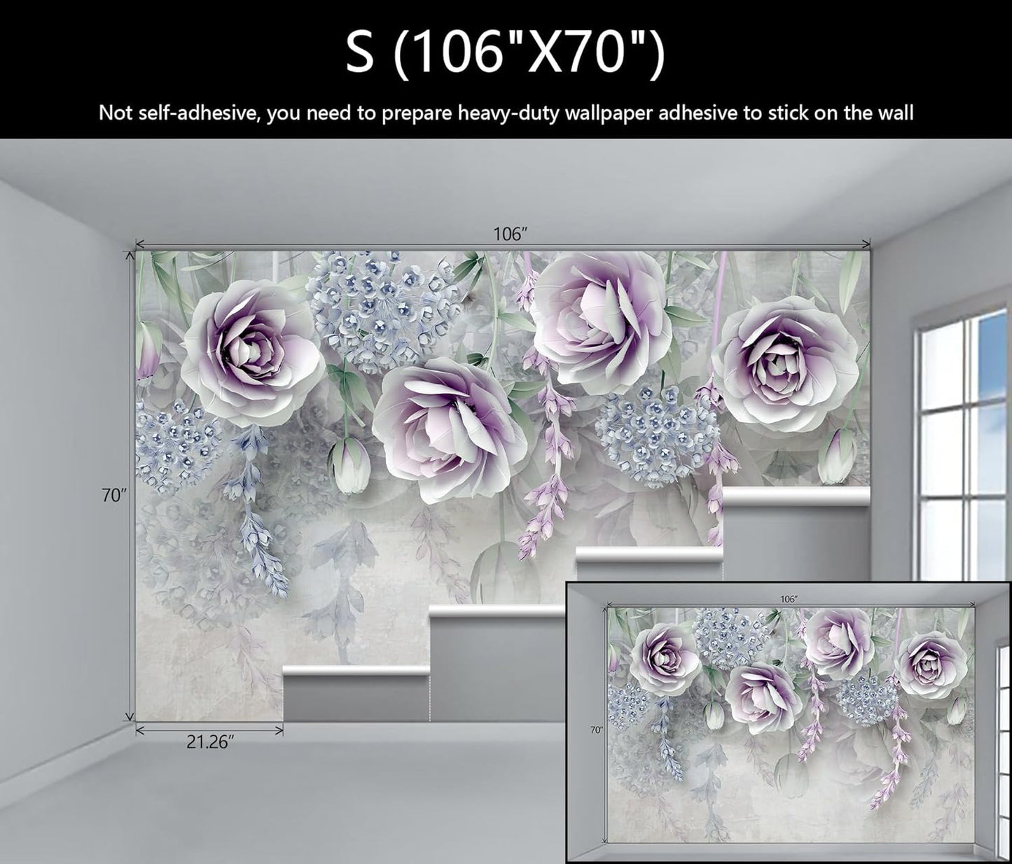 WFBHUA-Purple Rose Floral 3D Wallpaper Mural Modern Flower Leaf Wallpaper for Bedroom Wall Murals Decoration(Not Peel and Stick)
