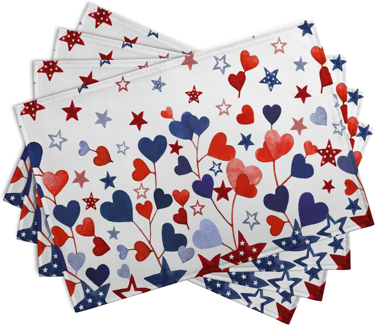 Red Blue Heart Stars 4th of July Placemats Set of 4 Patriotic America Independence Memorial Day Linen Table Mats 12x18 Inch Washable Place Mats for Party Kitchen Dining Outdoor Indoor Decor