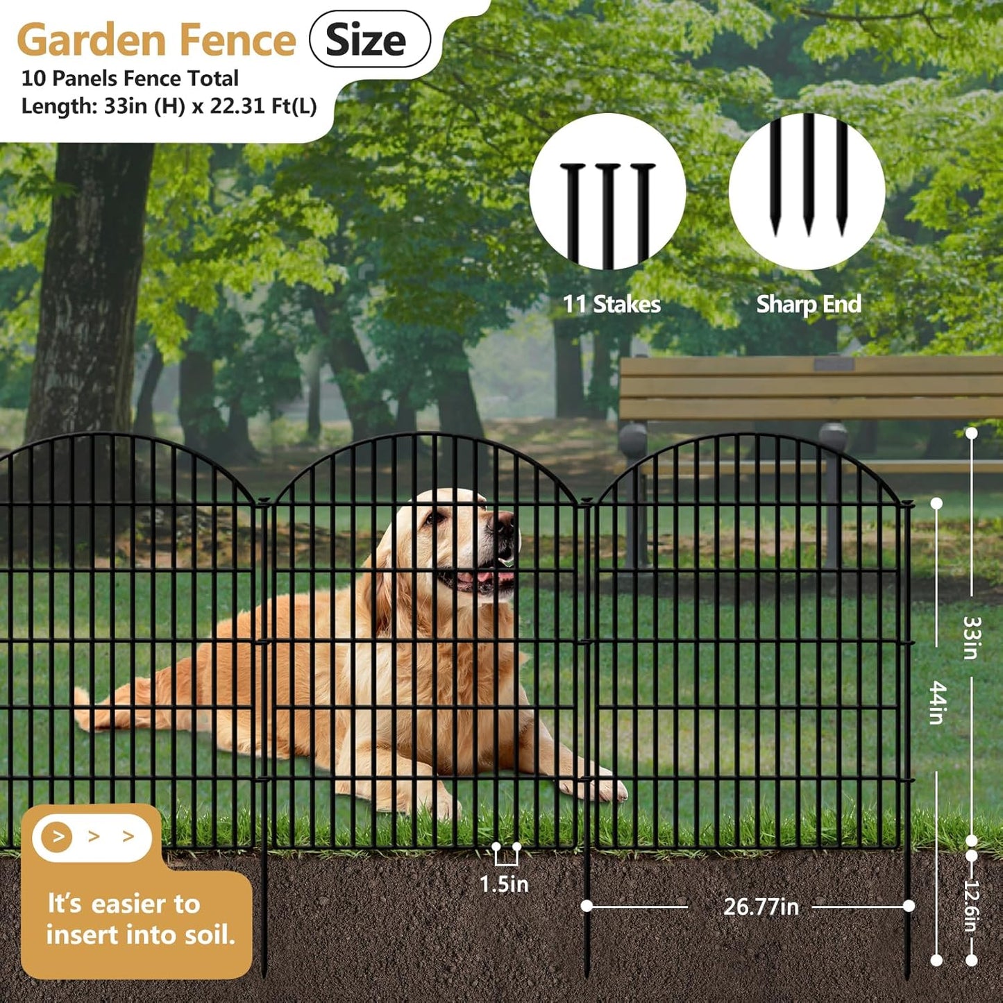 10 Panels No Dig Decorative Outdoor Garden Fence for Yard, 33in (H) x 21.92ft (L) Animal Barrier Fencing Rustproof Metal Panel Border for Dog, Rabbits Patio Camping Temporary Ground Stakes