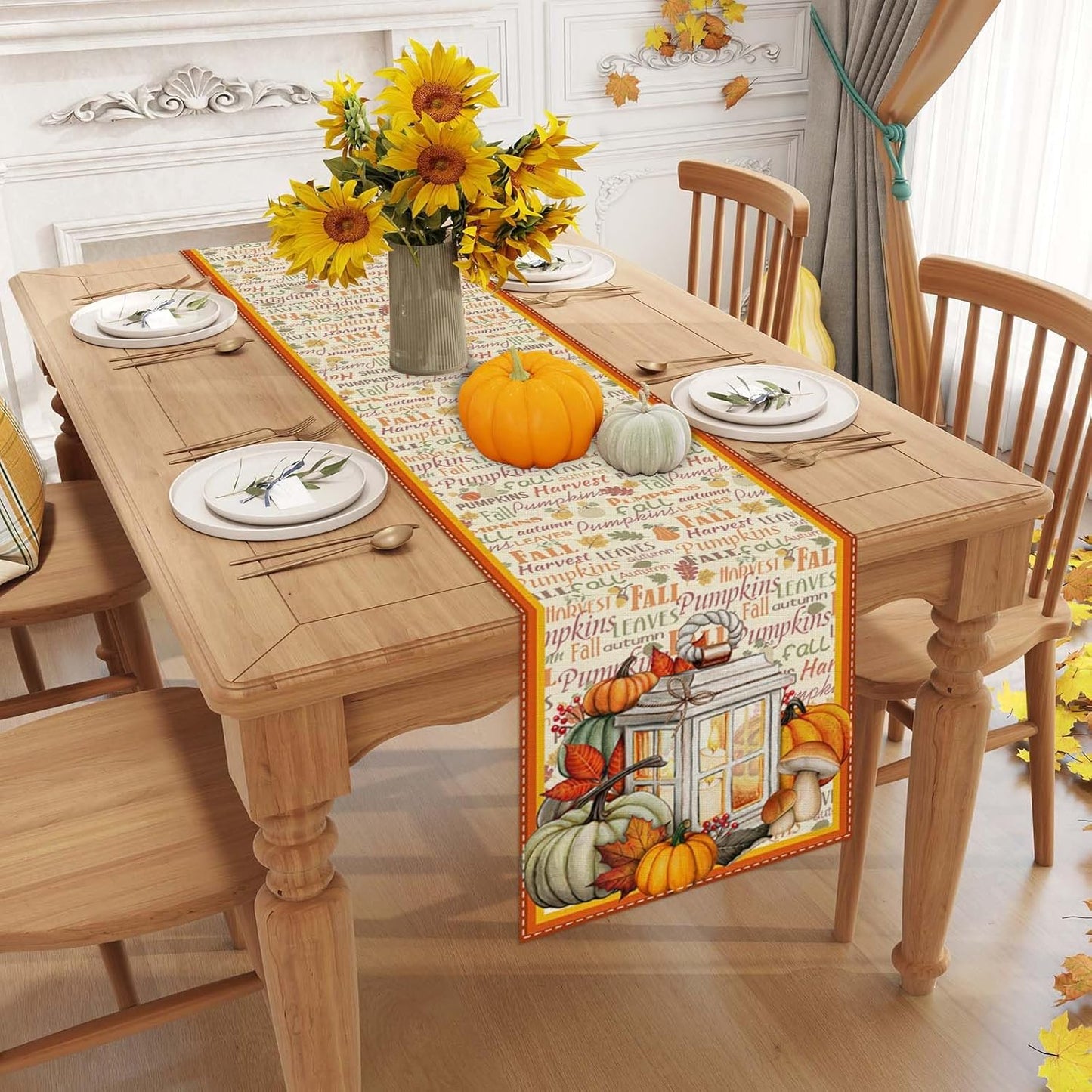 Linen Fall Table Runner - 48 Inch Farmhouse Leaves Pumpkin Table Decor Autumn Thanksgiving Home Kitchen Dining Room Decoration