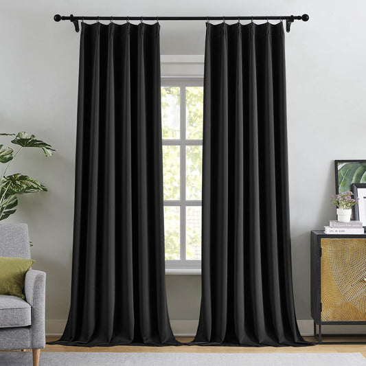 KangBang Pinch Pleated 108 Inch Long Blackout Curtains 2 Panels Set, Thermal Insulated Energy Saving Privacy Draperies for Sliding Door Doorway with Hooks Track System,40”Wx108”L, Black