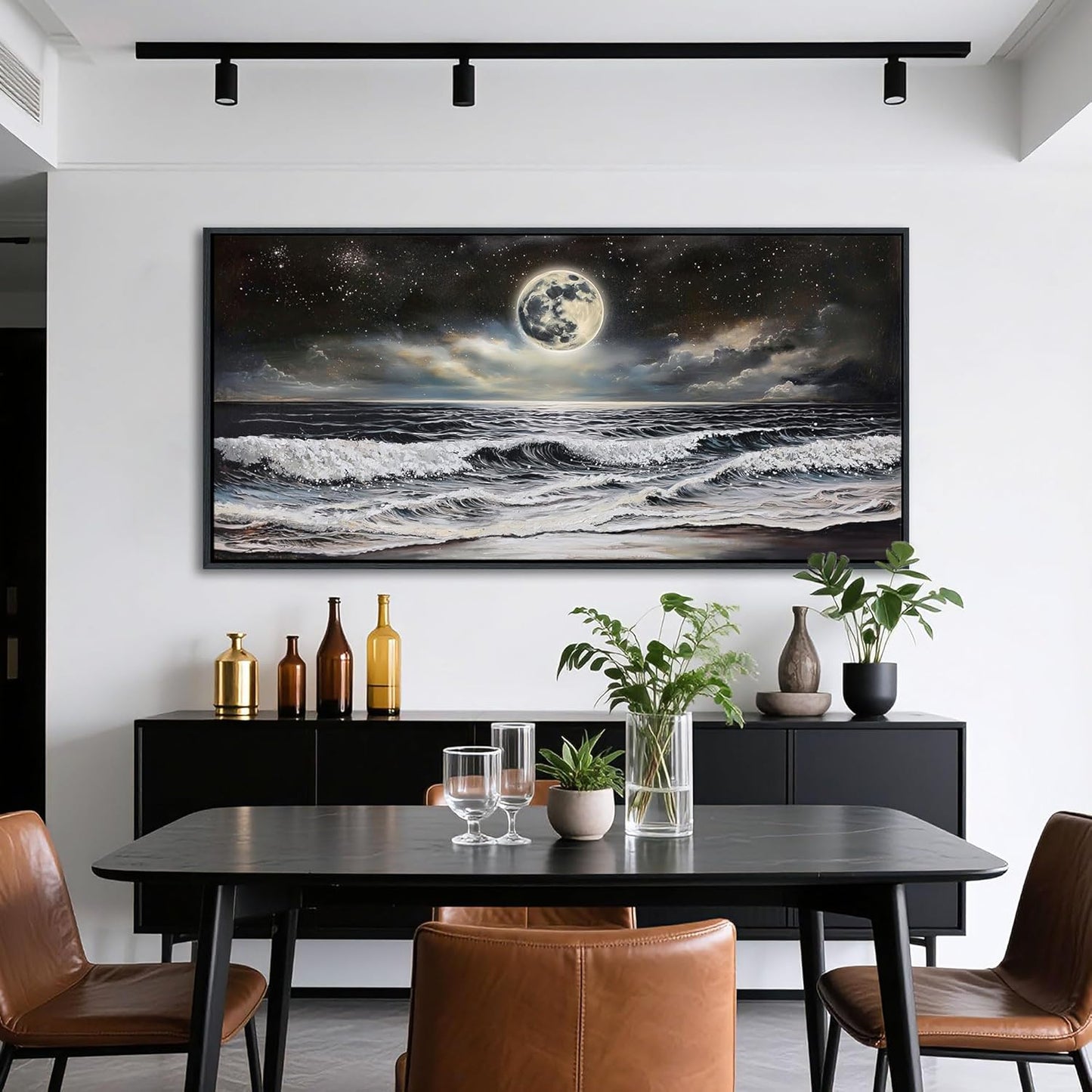 QZQCBLC Large Black Ocean Wall Art, White Sea Waves Moon Starry Clouds Canvas Print Paintings Artwork Beach Landscape Pictures for Living room Bedroom Home Office Wall Pictures Decor 24x48 IN