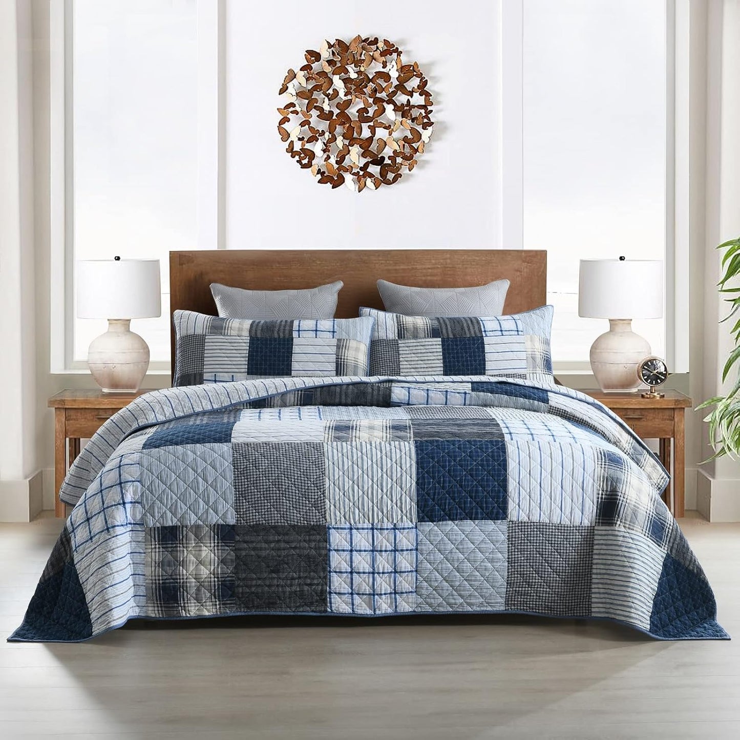 Yvooxny King Quilt Set Bedspread Reversible Plaid Grid Quilted Bedspread 3-Piece Real Patchwork Quilt Bedding Set with Pillowcases for All Seasons, King Size, 108 * 96 Inches